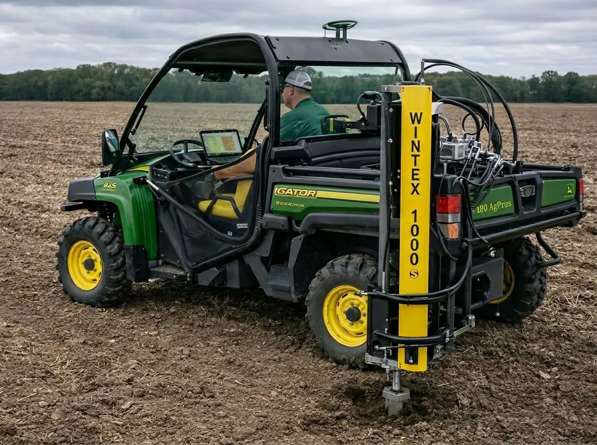 Wintex 1000s automated soil sampling equipment mounted on a John Deere Gator in the field