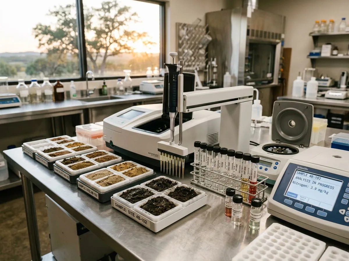 Soil samples in laboratory trays with scientific testing equipment