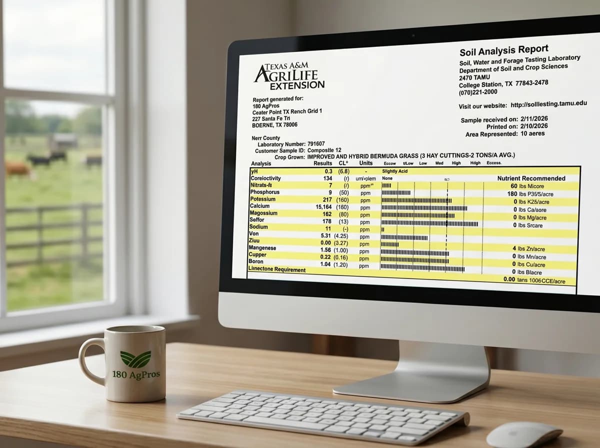 Texas A&M Soil Analysis Report showing nutrient levels on screen