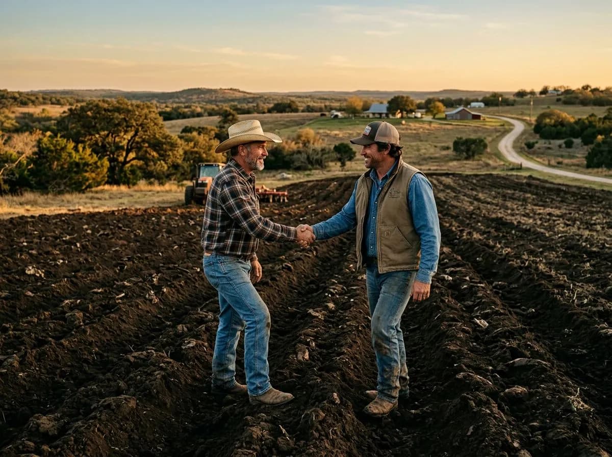 Two professionals shaking hands in a plowed field